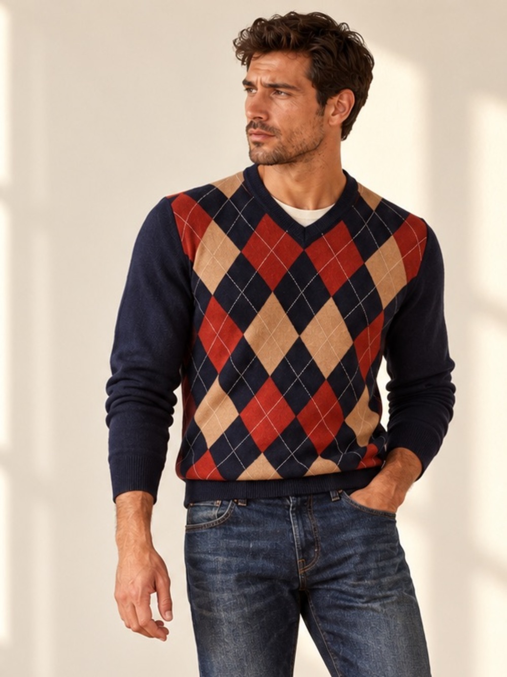 Brooks Brothers 346 Merino Wool Argyle V-Neck Sweater Navy Rust Tan L
